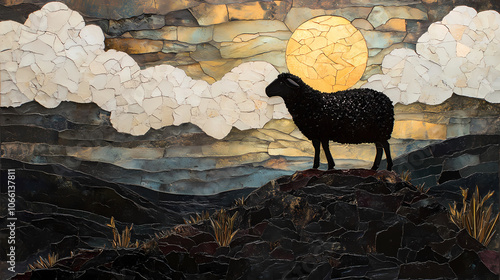 Glass mosaic collage with sheep-like clouds and a black sheep on a steep hill