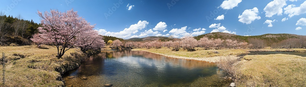Panoramic view of cherry blossom trees by a serene lake under a clear blue sky with fluffy clouds, capturing the essence of spring in nature. Panoramic view of cherry blossom trees by a serene lake under a clear blue sky with fluffy clouds, capturing the essence of spring in nature.