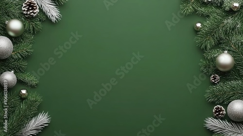 A decorative arrangement features white balls and pinecones amidst fir branches, set on a dark green backdrop perfect for holiday greetings photo