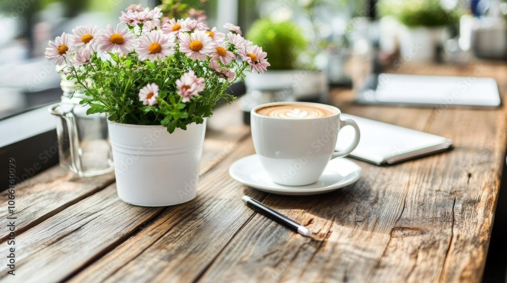 Cozy Cafe Table with Flowers Coffee and Notebook Cozy Cafe Table with Flowers Coffee and Notebook