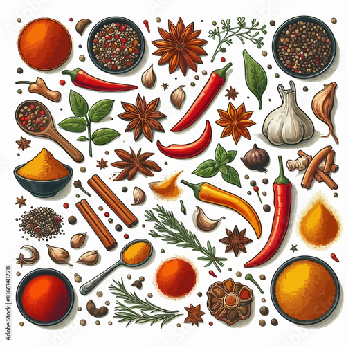 Spices (Cumin, Paprika, Turmeric, etc.) set vector illustration