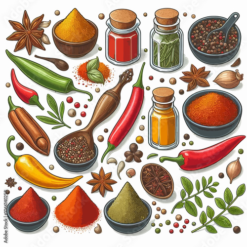 Spices (Cumin, Paprika, Turmeric, etc.) set vector illustration