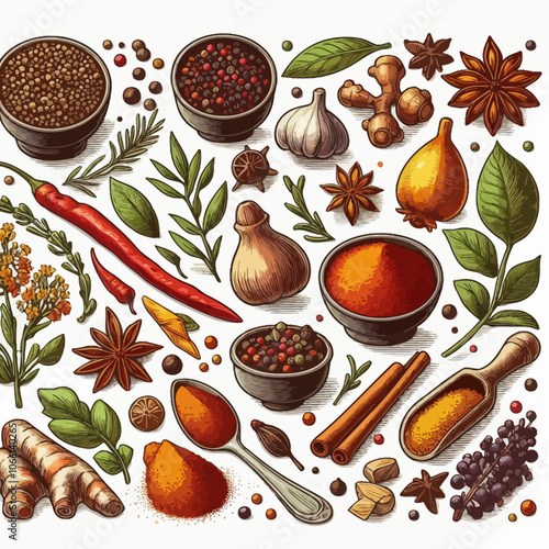 Spices (Cumin, Paprika, Turmeric, etc.) set vector illustration