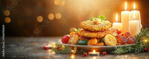 Hanukkah latkes meal concept. A beautifully arranged plate of golden fritters garnished with herbs alongside festive candles and colorful accompaniments creating a warm inviting atmosphere photo