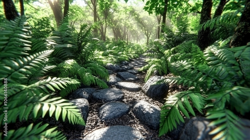 Stone Path Through Lush Forest Nature Trail Green Foliage Ferns Sunlight Tranquility Stone Path Through Lush Forest Nature Trail Green Foliage Ferns Sunlight Tranquility