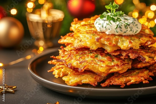 Hanukkah latkes meal concept. A festive plate stacked with crispy potato pancakes topped with creamy sauce surrounded by holiday decorations photo