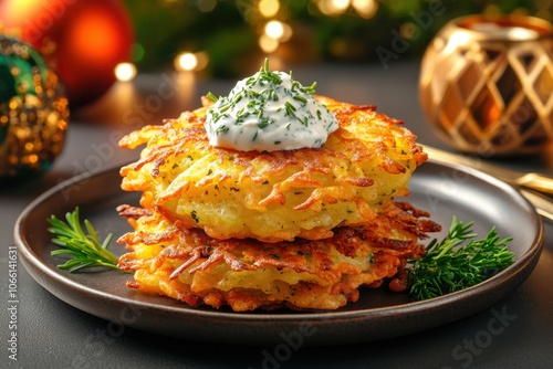 Hanukkah latkes meal concept. Crispy potato latkes topped with sour cream and herbs set against a festive backdrop of holiday decor photo