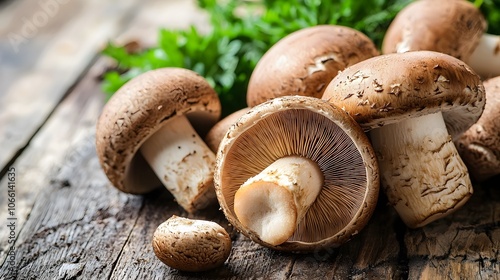 Groupof fresh mushrooms on rustic wooden table. World Mushroom Day and natural nutrition in healthy cooking photo