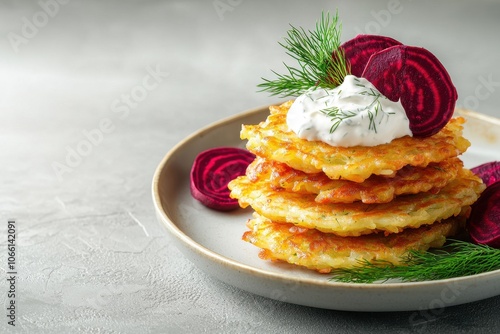 Hanukkah latkes meal concept. Stack of crispy potato pancakes topped with sour cream and garnished with dill and beet slices on a light background photo