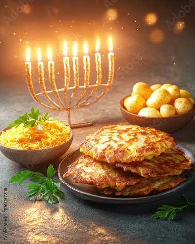 Hanukkah latkes holiday concept. A festive scene featuring a menorah with glowing candles served with traditional dishes like latkes applesauce and potatoes photo