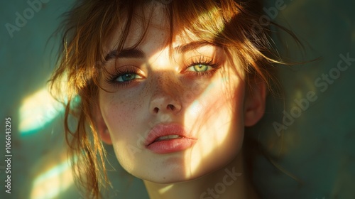 Close-up portrait of a young woman with red hair and green eyes, looking at the camera with soft light shining on her face.