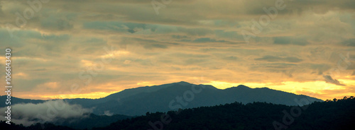 Wallpaper Mural Banner Beautiful Mountain landscape foggy mountain green landscape morning sunrise. Amazing Landscape mountain green tropical forest tree on sunrise. Banner forest sunlight scenery with copy space Torontodigital.ca