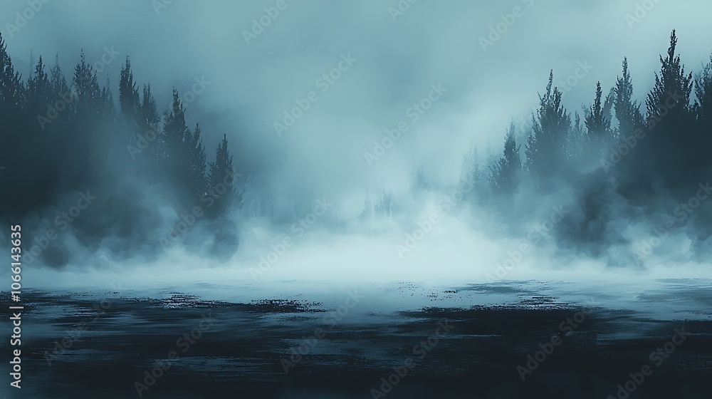 Fototapeta premium Eerie Foggy Forest Scene.