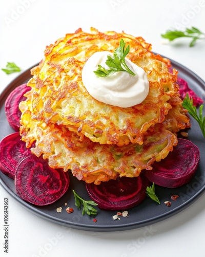 Hanukkah latkes flavor concept. Crispy potato pancakes topped with sour cream and garnished with herbs served on a plate with sliced beets photo