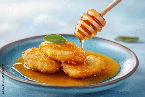 Hanukkah latkes flavor concept. Golden fried fritters drizzled with honey served on a blue plate combining textures and flavors for a delightful treat photo