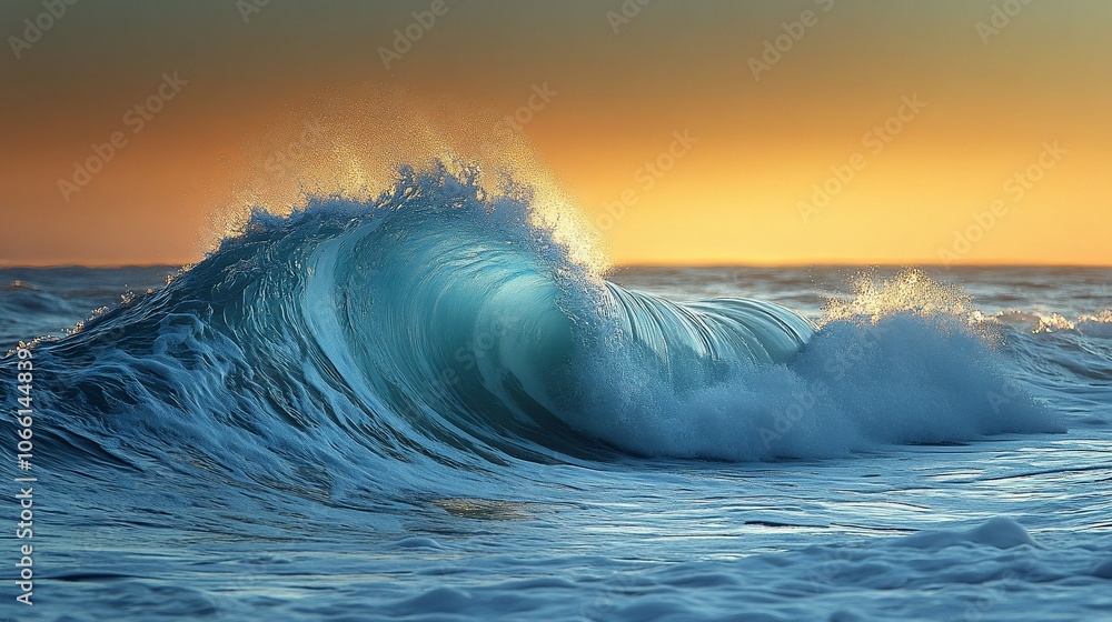 A large wave crashes in the ocean at sunset, creating a beautiful display of light and water. The wave is backlit by the setting sun, highlighting its turquoise color and white foam. A large wave crashes in the ocean at sunset, creating a beautiful display of light and water. The wave is backlit by the setting sun, highlighting its turquoise color and white foam.
