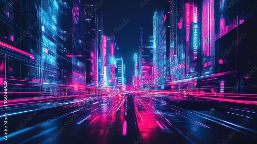 Neon Cityscape with Streaks of Light and Digital Distortion Neon Cityscape with Streaks of Light and Digital Distortion