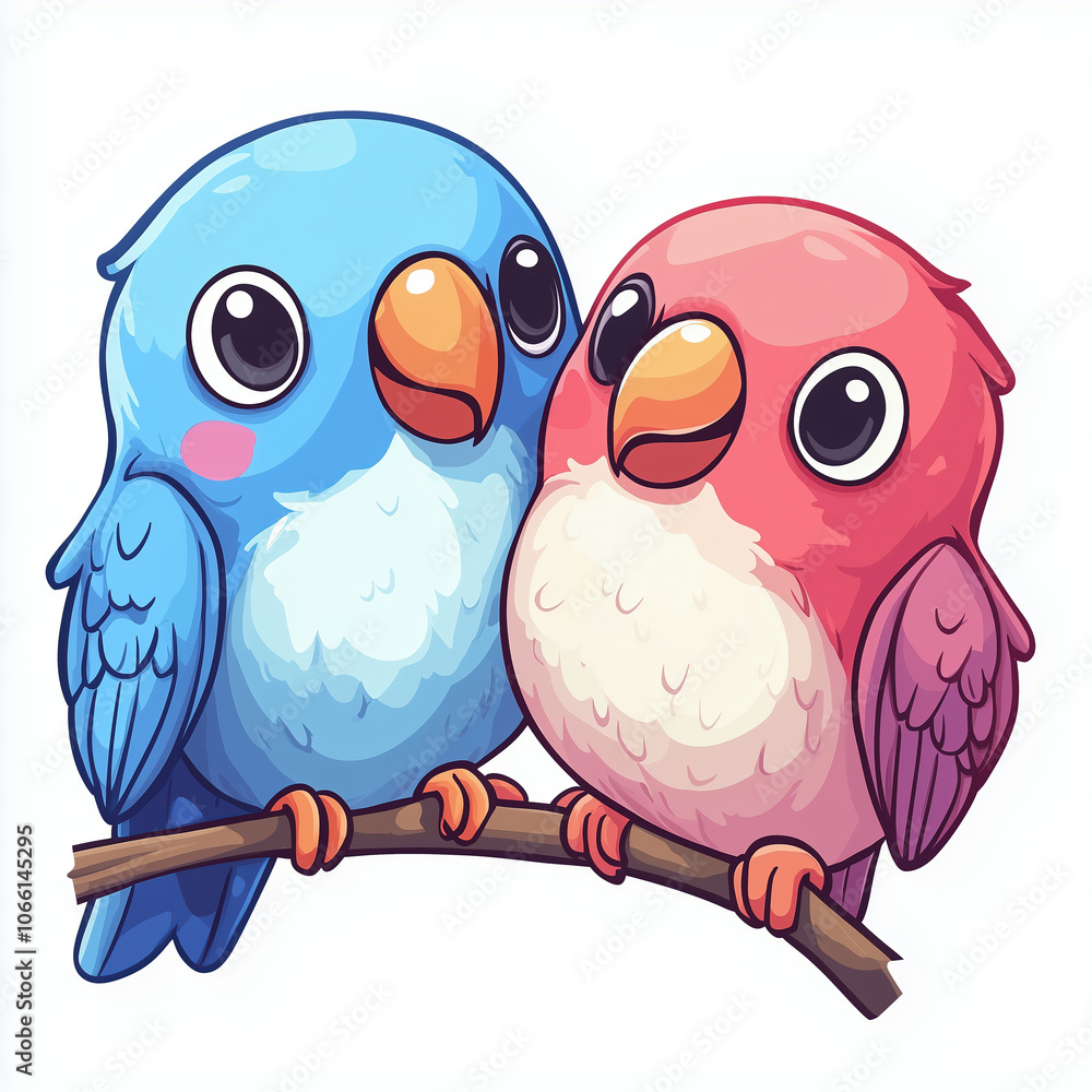 Obraz premium Cute blue and pink lovebirds perched on a branch clip art cartoon illustration