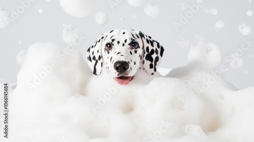 A cute dalmatian dog in bath with soap foam on glossy white refreshing fashion background. adorable pet portrait shampoo pet grooming salon spa wallpaper