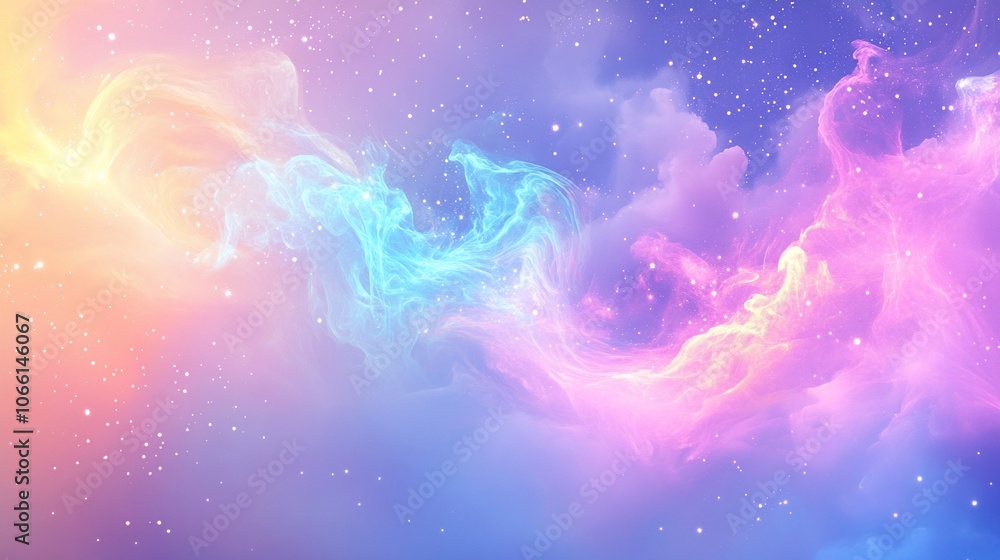 Abstract swirling nebula with vibrant colors of blue, pink, orange, and yellow against a background of white stars and soft clouds. Abstract swirling nebula with vibrant colors of blue, pink, orange, and yellow against a background of white stars and soft clouds.