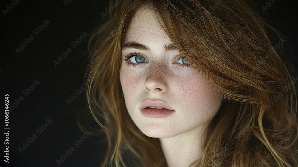 Fototapeta premium Close-up portrait of a young woman with red hair and blue eyes looking at the camera.
