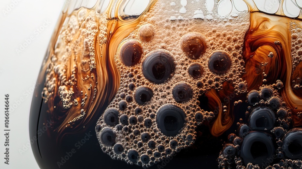Εκτύπωση καμβά Close-up of swirling brown liquid with air bubbles in a glass.