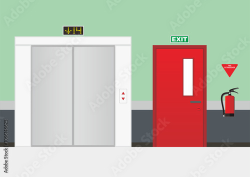 Vector illustration of elevator doors and emergency exits in a building fire extinguisher facility.