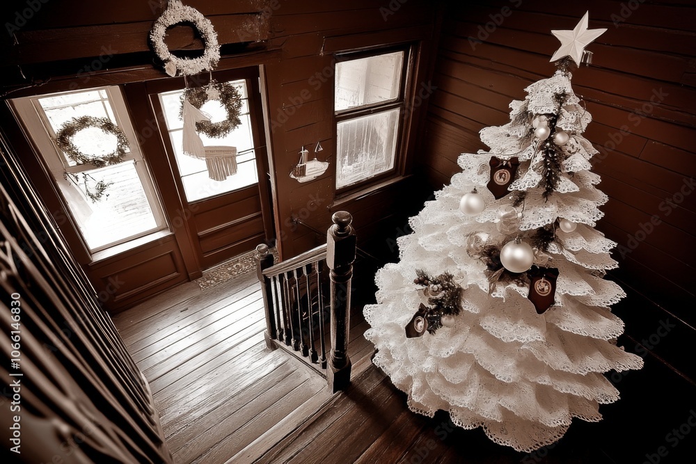 Obraz premium A sepia-toned Christmas tree scene with antique decorations, creating a retro holiday feel