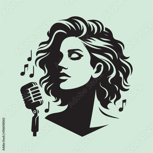 woman singer head vector illustration, woman singer head silhouette vector black and white