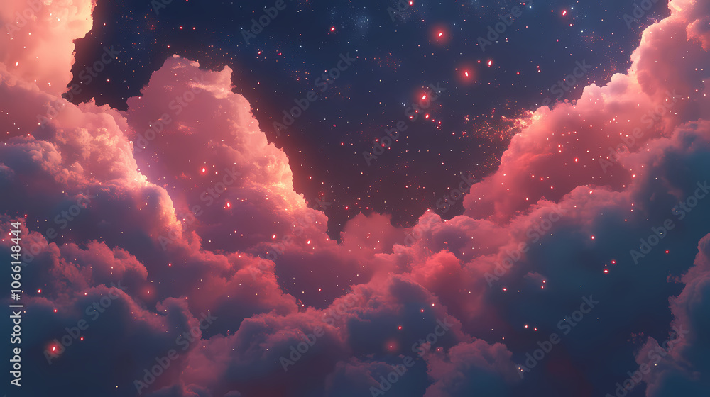 Fototapeta premium A cosmic dreamscape with floating clouds shimmering stars and ethereal light. digital dreamscape. illustration. Dreamscape. Illustration