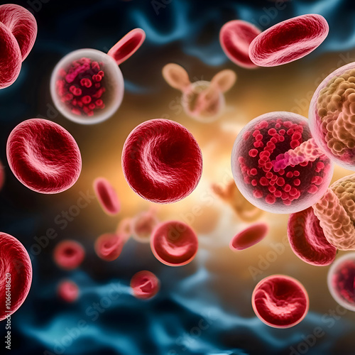 Red Blood Cells and Bacteria in the Bloodstream, infection, illness, disease, health, medical photo