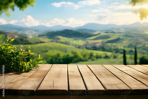 Wooden Tabletop with Green Rolling Hills Background, wooden surface, rustic table, wooden plank, planks, wooden background