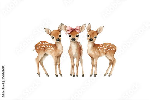 Cute watercolor Christmas deer with a pink bow. Cute Pink Christmas Reindeer