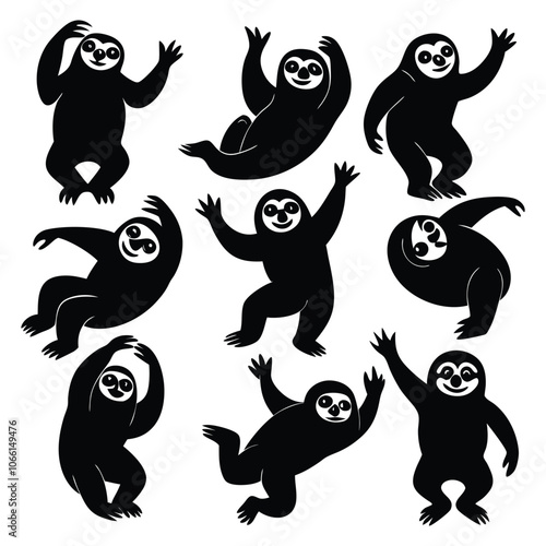 black sloths silhouette cliparts in different