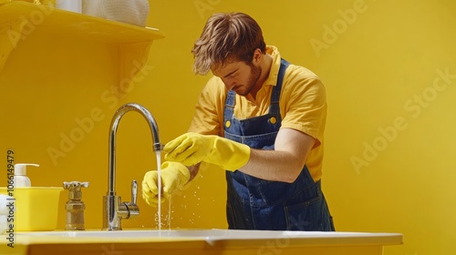 handyman plumber in uniform repairing a faucet pipe in kitchen sink on yellow fashion technician professional background. repair fix plumber technician service advertising photo