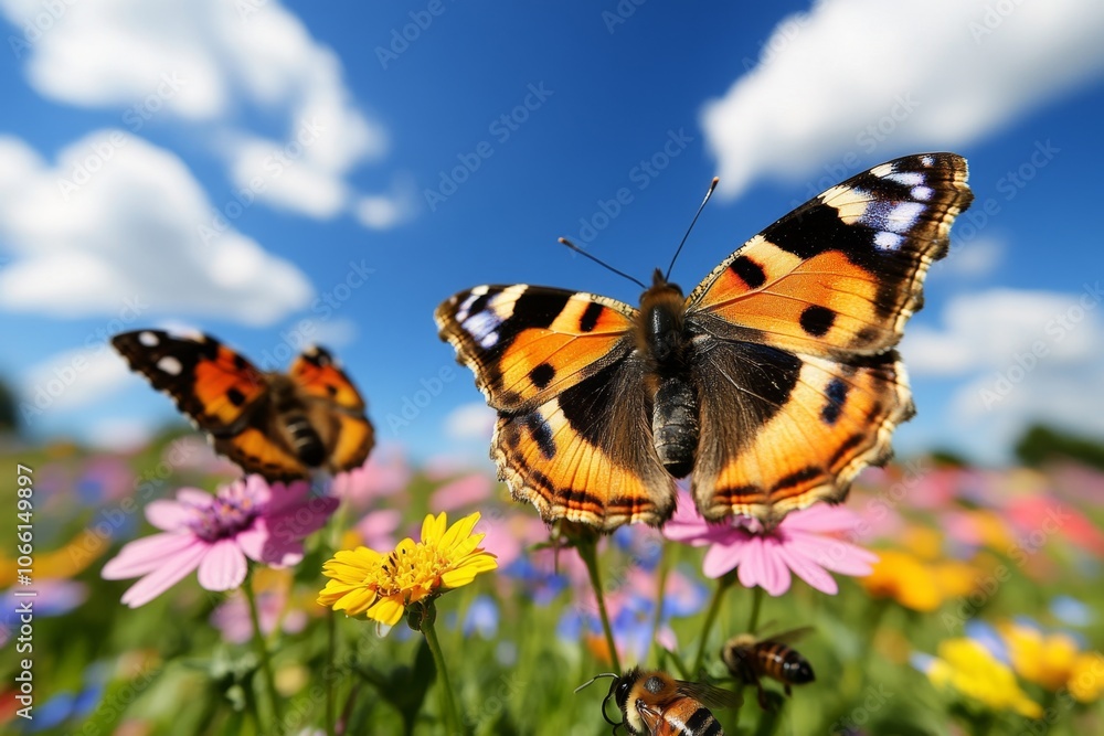 Obraz premium Field of wildflowers with bees, butterflies, and other pollinators active in the scene, capturing biodiversity in action