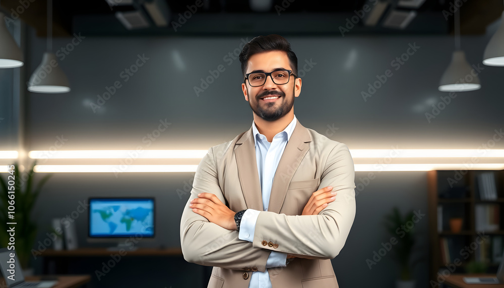 Obraz premium Psychological education. Successful business coach giving personal growth training, posing with crossed arms at office isolated with white highlights, png