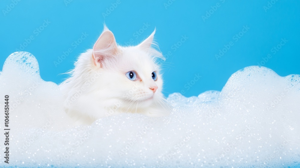 Fototapeta premium A cute ragdoll cat kitten in bath with soap foam on glossy blue tile fashion background. adorable pet portrait shampoo pet grooming salon spa wallpaper