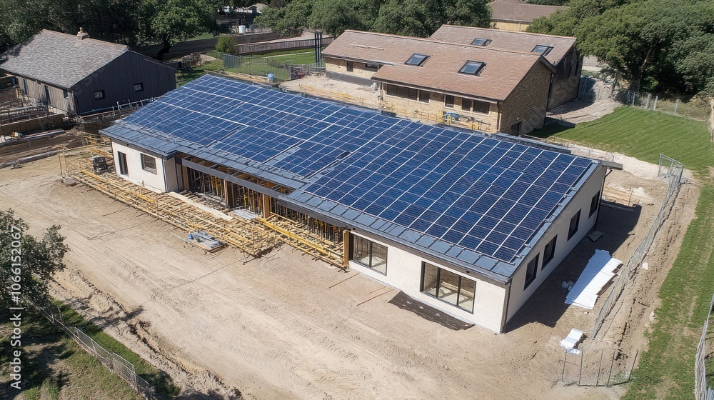 Aerial View of a New Home Under Construction with Solar Panels on the Roof Aerial View of a New Home Under Construction with Solar Panels on the Roof
