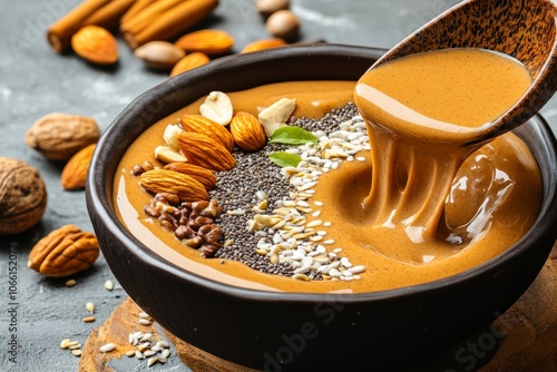 Person adding seeds and nuts to a smoothie bowl, representing essential fatty acids and nutrients for radiant skin photo