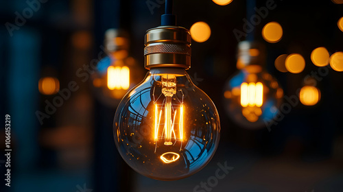 Glowing Light Bulb with Bokeh Background, incandescent, filament, bright, illuminate, illumination