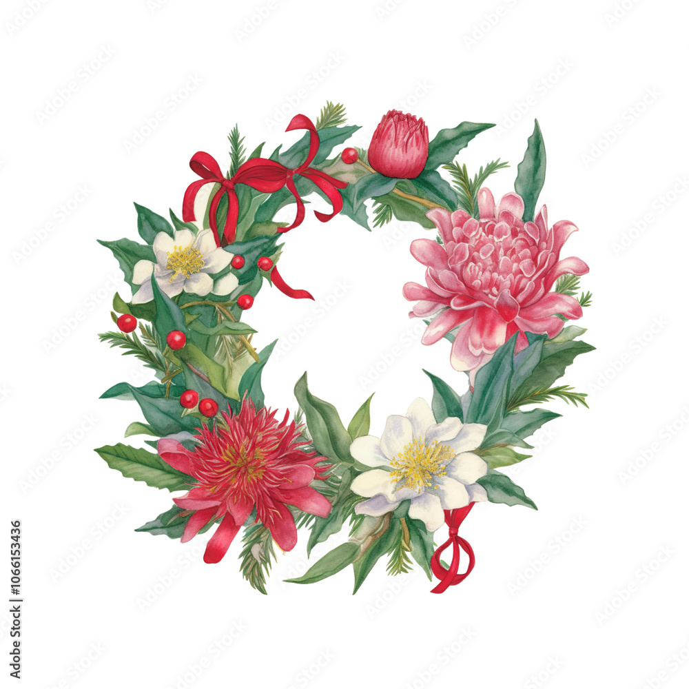 Fototapeta premium Watercolor Christmas Wreath with Red Berries and Flowers