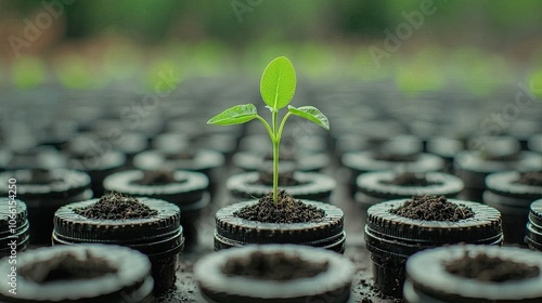 A vibrant green seedling emerging from a soil-filled pot, symbolizing growth and new beginnings. photo