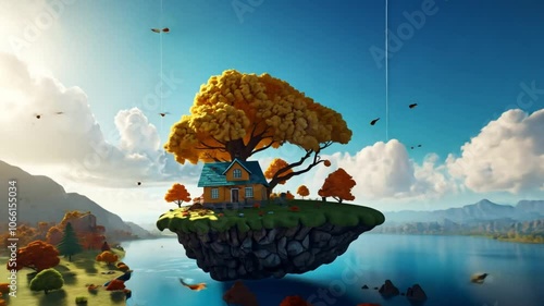 small floating island with small house