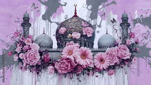 Mosque illustration for Ramadhan kareem greeting, Ramadan Islamic holy month design, Mosque acrylic painting water color photo