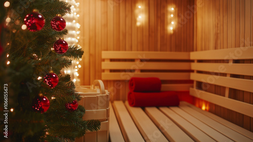 Relaxing Winter Sauna with Wooden Interior and Christmas Touch.
