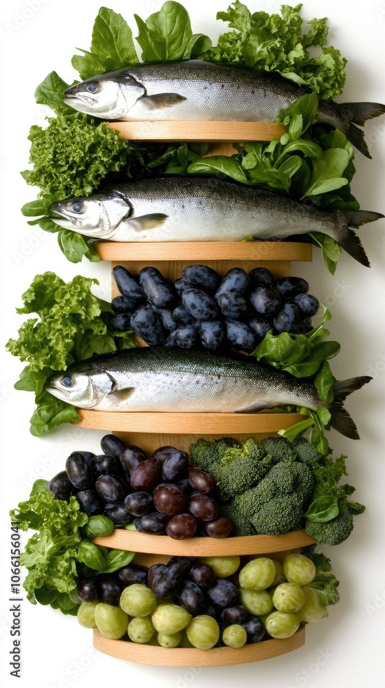 An assortment of nutritious food items, including salmon, avocados, and vegetables, beautifully displayed on a wooden surface. An assortment of nutritious food items, including salmon, avocados, and vegetables, beautifully displayed on a wooden surface.