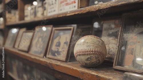 A vintage baseball sits on a shelf amongst framed photos and memorabilia in a rustic, antique shop.