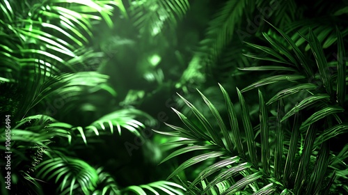 Lush Green Palm Leaves in Tropical Rainforest.