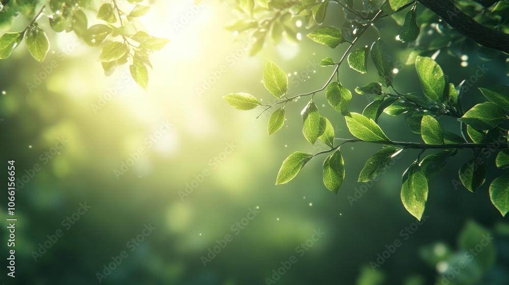 Obraz premium Sun shining through leaves in a forest.